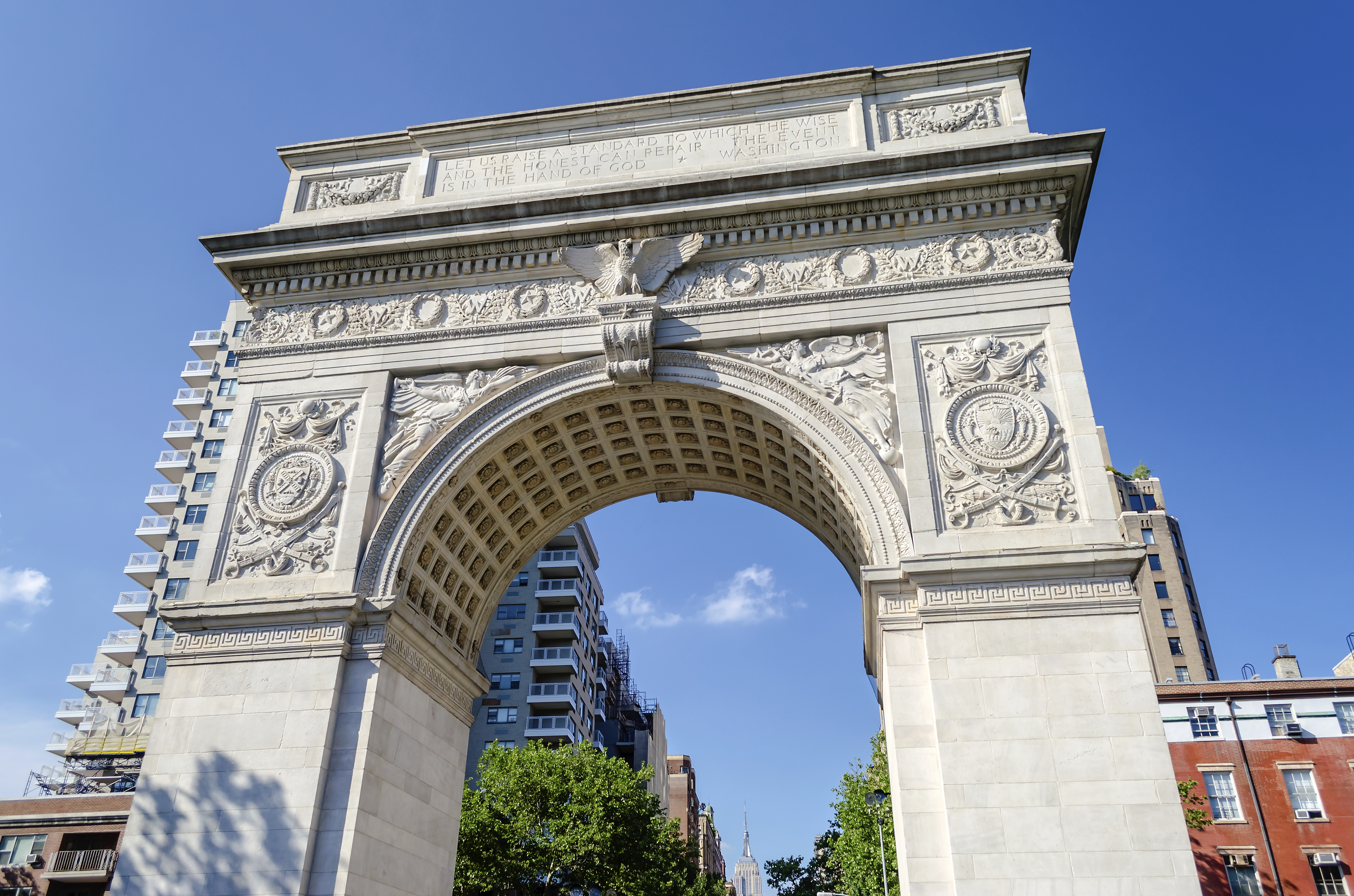 NEW YORK - JUNE 1: Washington Square Arch on June 1, 2013 in New York. The arch was built in 1892 to commemorate George Washington centennial inauguration as president.