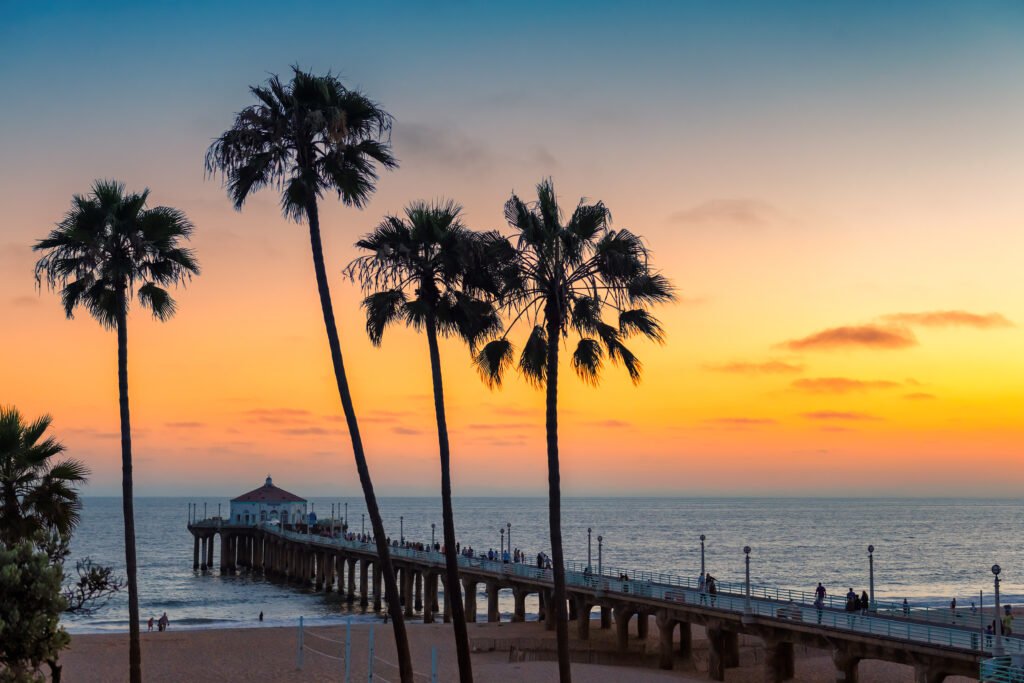 Sunset at California beach, Manhattan Beach, Los Angeles, USA.
