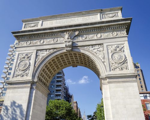 NEW YORK - JUNE 1: Washington Square Arch on June 1, 2013 in New York. The arch was built in 1892 to commemorate George Washington centennial inauguration as president.