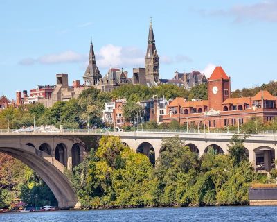 Key Bridge Potomac River Georgetown University Washington DC from Roosevelt Island.  Completed in 1923 this is the oldest bridge in Washington DC.