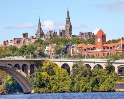 Key Bridge Potomac River Georgetown University Washington DC from Roosevelt Island.  Completed in 1923 this is the oldest bridge in Washington DC.