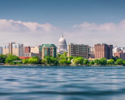 skyline at dusk on Lake Monona