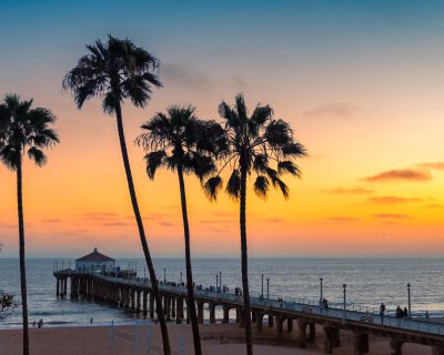 Sunset at California beach, Manhattan Beach, Los Angeles, USA.